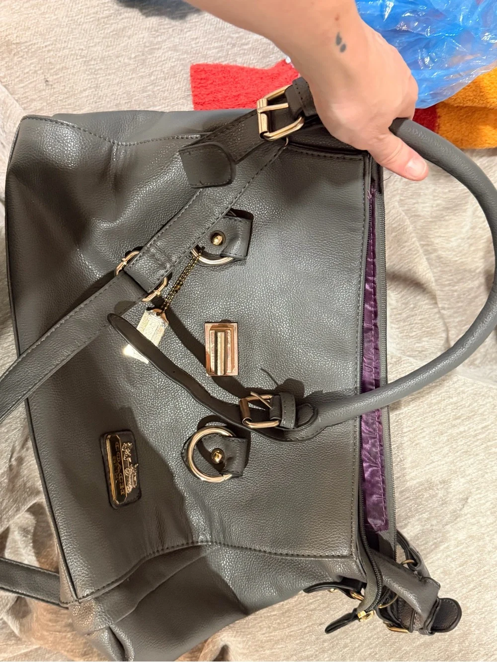 Gray Leather Shoulder Bag with Gold Hardware
